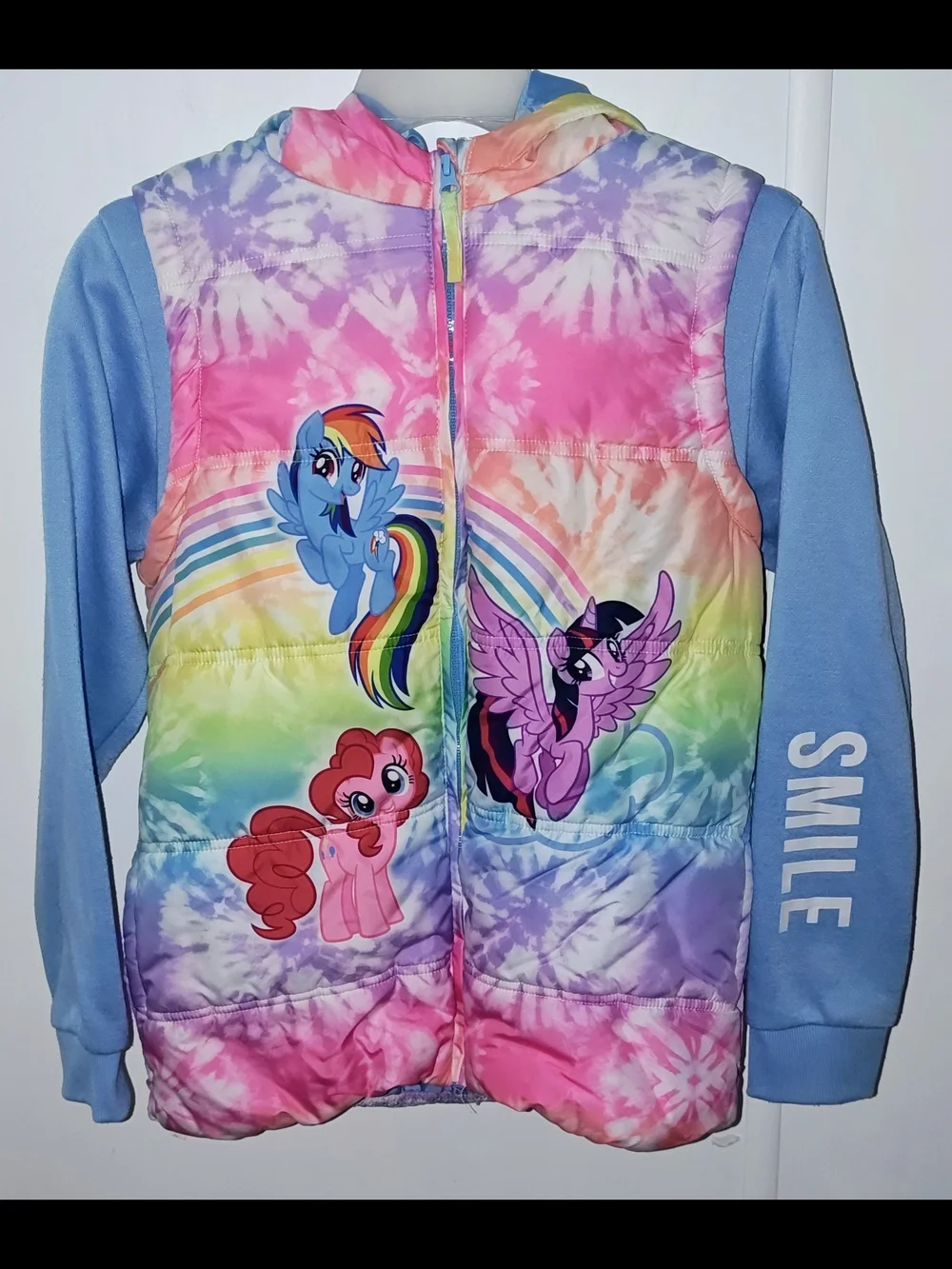 My Little Pony Rainbow Tie-Dye Hooded Puffer Jacket With Sweatshirt Sleeves